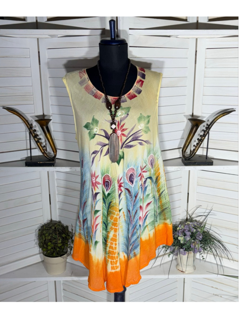 Vintage boho tunic mini dress beach cover up tropical resort cruise travel M L